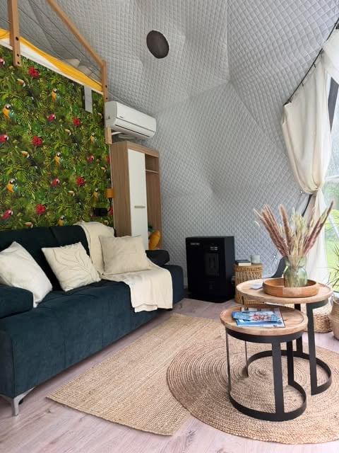Modern living room with dark teal sofa, artificial green wall, patterned ceiling, wooden side tables, and decorative plants