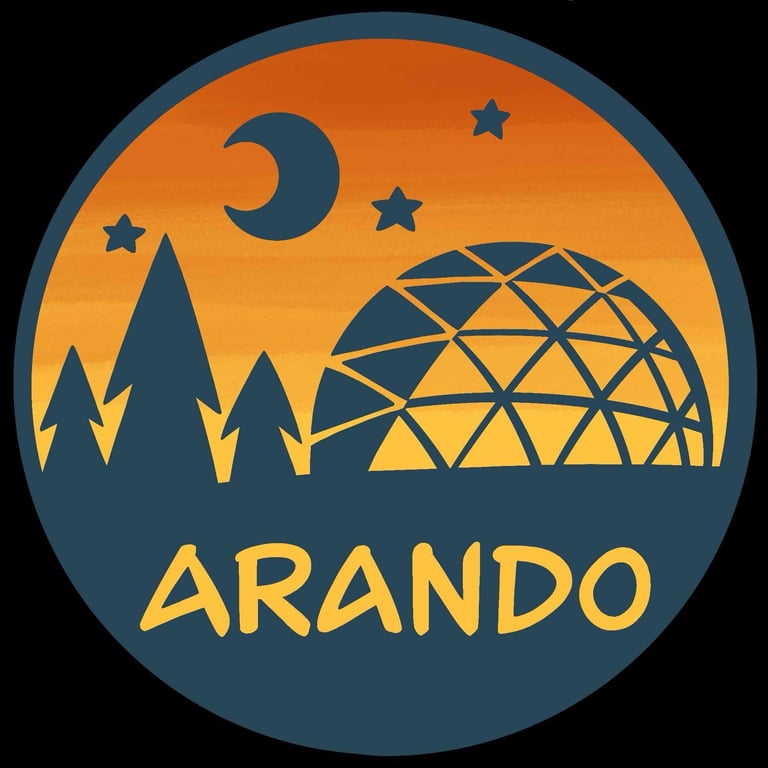 Arando logo featuring a crescent moon and stars above silhouetted pine trees and a geometric globe design in orange and teal colors