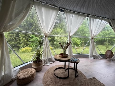 Bright sunroom with white curtains, large windows overlooking green landscape, potted plants, woven seating, and small black side tables