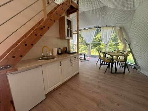 Modern loft interior with kitchenette on left, wooden beams, and dining area with large windows overlooking greenery